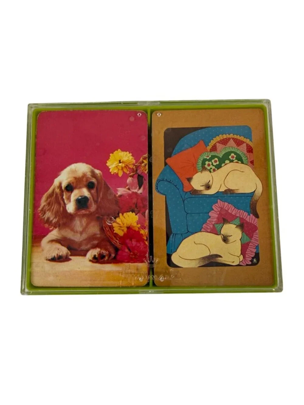Vintage Bridge Playing Cards Set Green Case Cocker Spaniel Puppy Siamese Cat